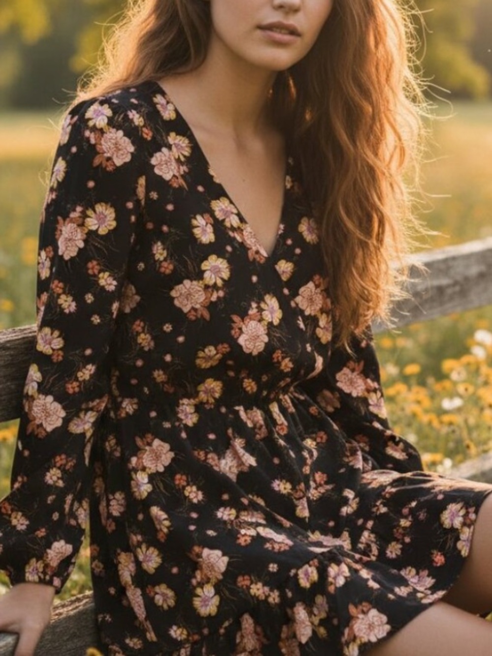 Floral Wrap-Style Long Sleeve Dress - Black with Pink & Yellow Flowers